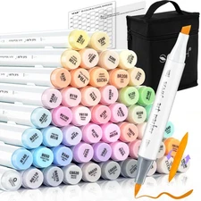 SFAIH Pastel Alcohol Markers Brush Tip - 51 Colors Double Tipped Art Markers for