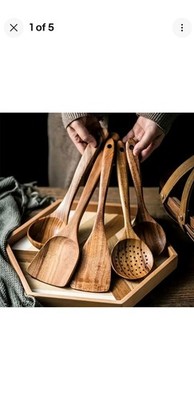Acacia Wood Clad Trivet and Spoon Set 2-Piece Kitchen Cooking Utensil Used