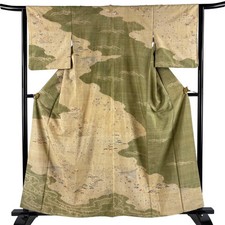 Japanese Silk Houmongi Kimono S 160.5cm Beige Pine and plum Flowing water 023245