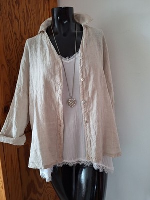 Made in Italy*100%Leinen Bluse 3/4 Arm*Hell-Beige*One Size 38/40/42* NEU  