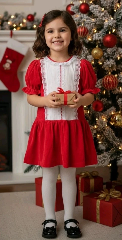 Vestido Roanna Rojo Terciopelo Vacaciones Niñas Pequeñas Blanco Encaje Talla 6 De Colección Foto 2 de 4