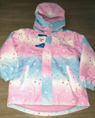 girls NEW NWT RAINCOAT pink blue HEARTS FLEECE LINED size 110 USA 4/5 hood soft!