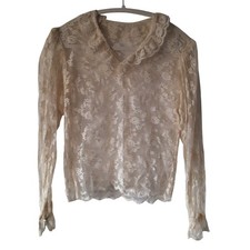 Vintage Cream Floral Lace Blouse Sheer Ruffle Collar Long Sleeve Victorian Top