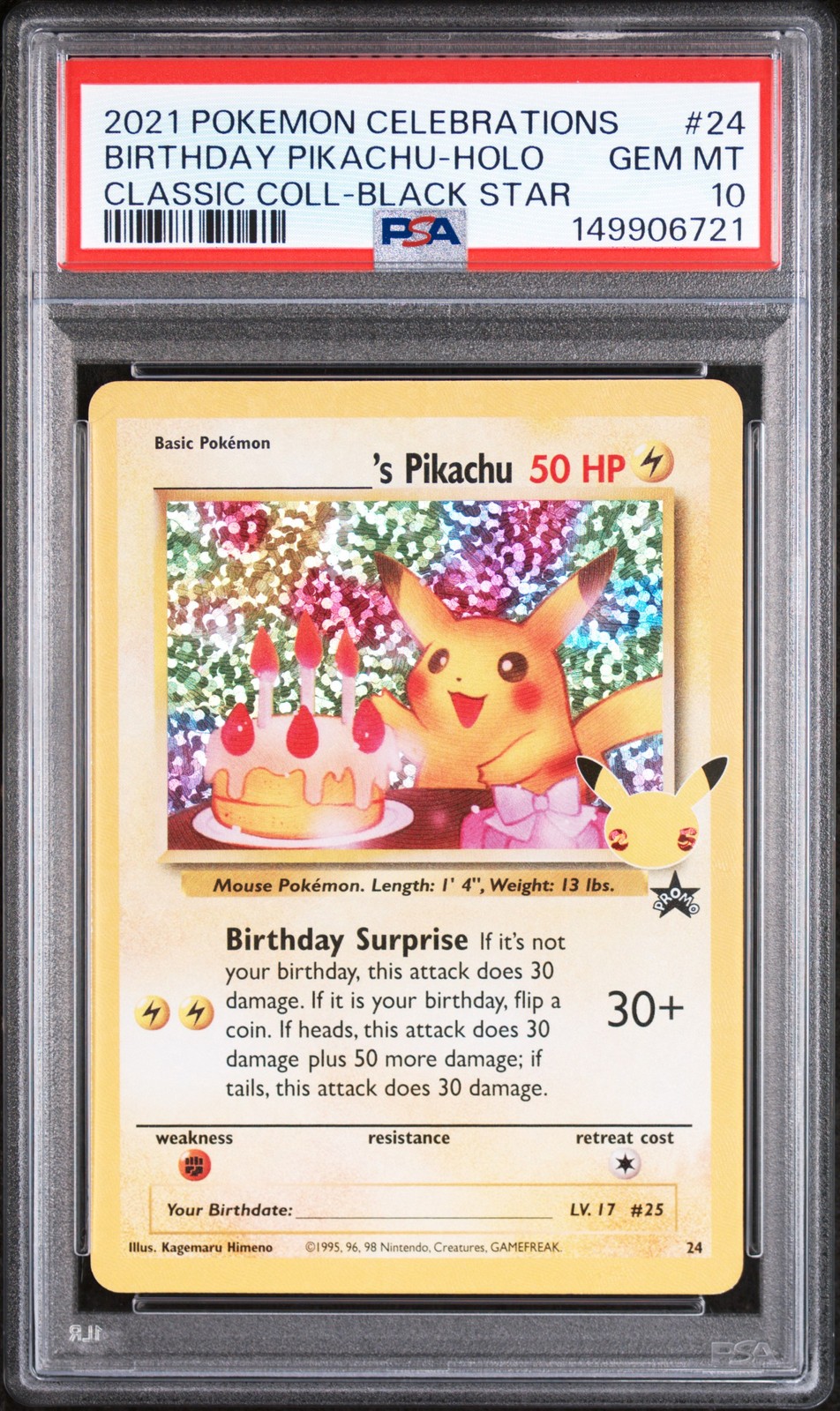 2021 POKEMON CELEBRATIONS CLASSIC COLLECTION #24 BIRTHDAY PIKACHU-HOLO PSA 10