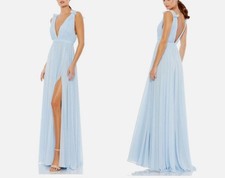 Mac Duggal 55321 Sleeveless V-Neck Gown, Pleated Chiffon Powder Blue Size 8 NEW