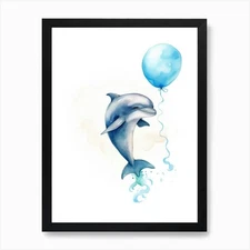 Baby Dolphin Flying With Ballons, W Framed Wall Art Poster Canvas Print Picture
