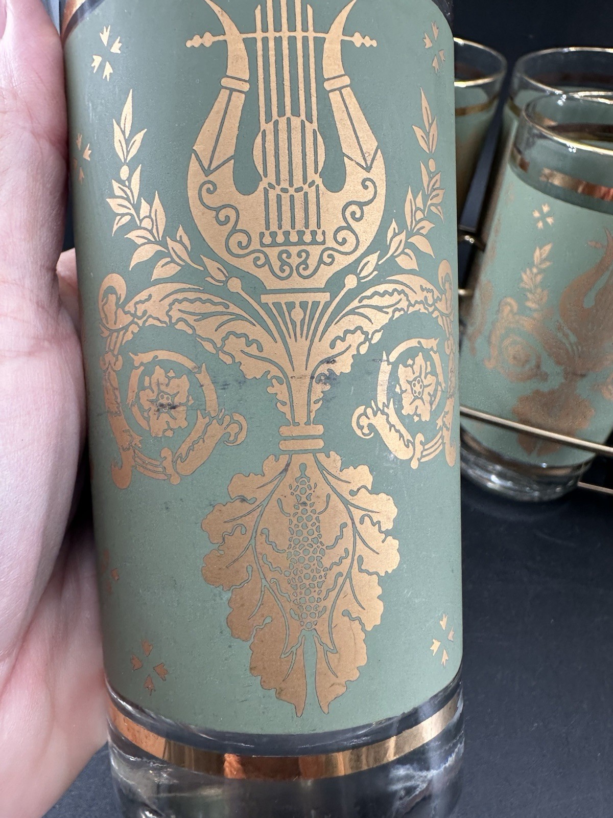 Jeanette Glass Co Laurel & Lyre 8 Piece Glass Set with Holder Vtg Green & Gold