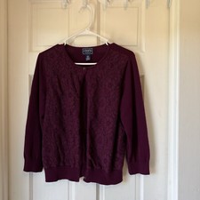 Chaps Classics Lacy Cardigan Sweater Purple Merlot Large