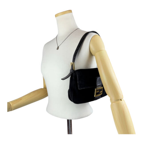 Auth FENDI Mamma Baguette Suede Black Gold Vintage z91 - Picture 3 of 22