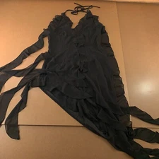 Pretty Little Thing Womens 12 Black Chiffon Frill Detail Plunge Midaxi Dress NWT