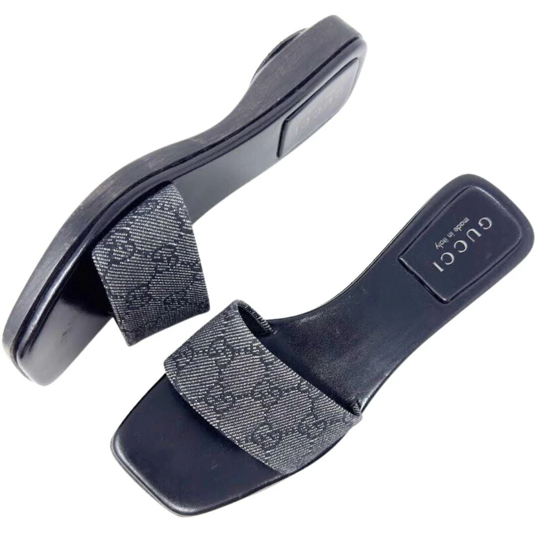 Gucci Sandales Plateforme Slides Noir Guccissima GG Monogramme Toile Supreme US7,5