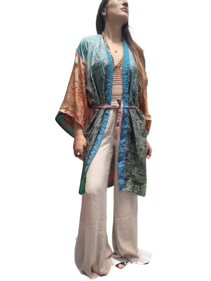 Handmade Silk Kimono Boho Indian Jacket Long Beach Cover-Up Summer Bath Robe - Image 3 of 4
