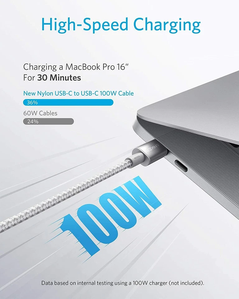 Anker Nylon USB C Cable 100W 10ft Fast Charge Date Sync for MAC/Galaxy S20/Pixel - Image 2 of 4