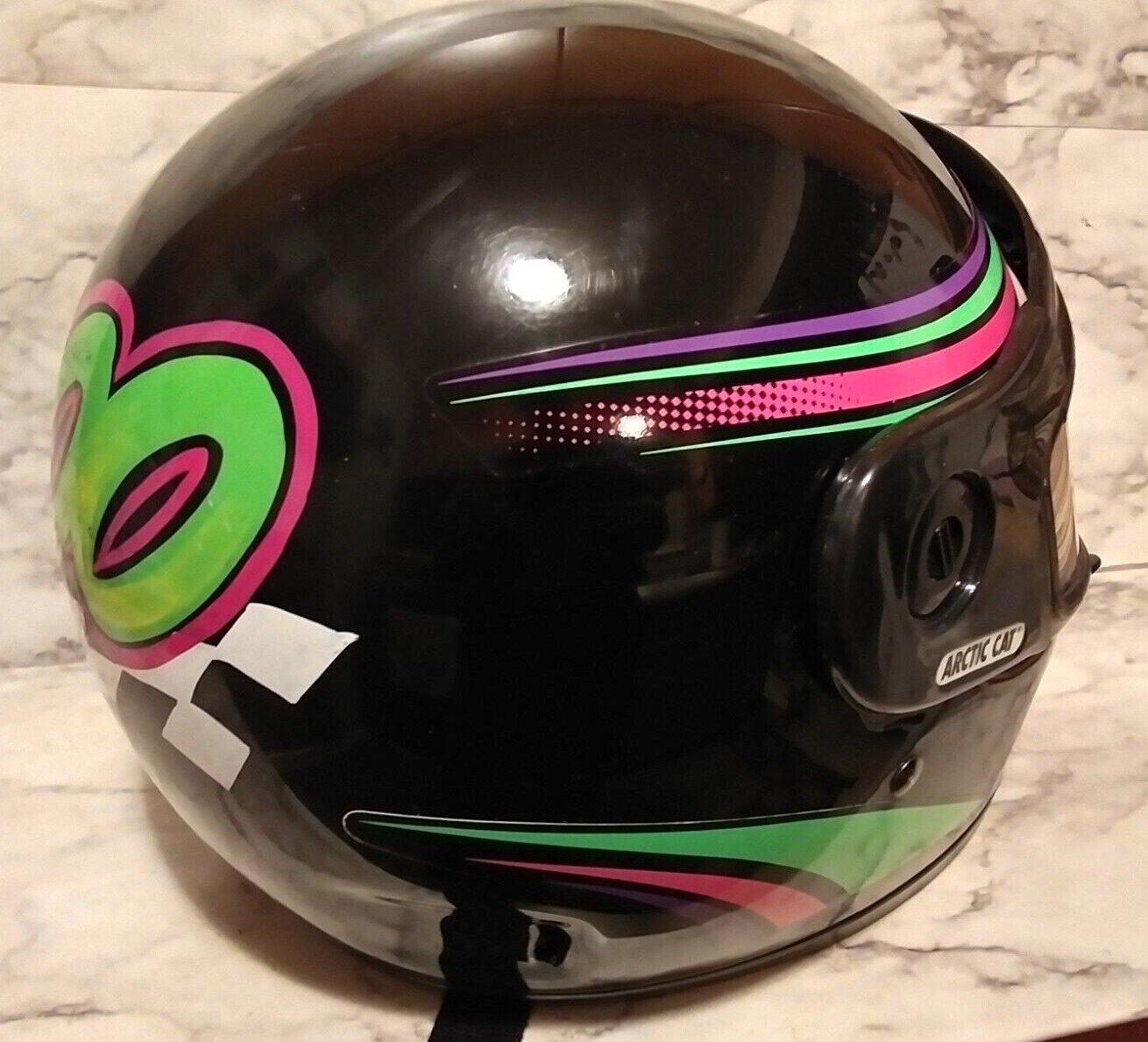 Vntg KBC ARCTIC CAT Snowmobile Helme Black/Green/Purple w/ Face Shield
