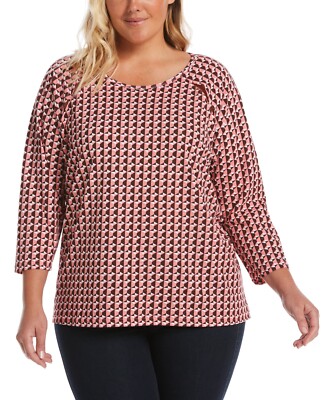 Rafaella Women's Plus Size Geometric Print Raglan Sleeve Top in Flamingo Pink Bl