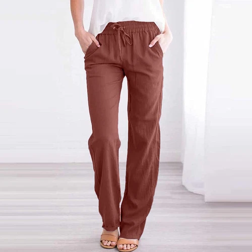 Damen Gerade Elastische Taille Hose Kordelzug Baumwolle Leinen Freizeit Lockere Hose - Bild 37 von 43