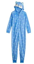 Girls One Piece Pajamas Hooded Blue Fox Union Suit Fleece Blanket Sleeper- sz 8