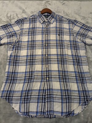 Ralph Lauren Linen Shirt Men L Short Sleeve Button Down Plaid Classic Fit Casual