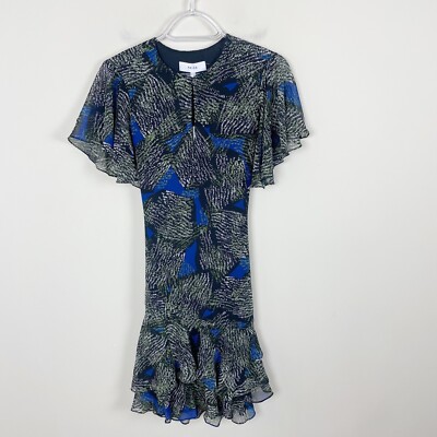 REISS Sophie Chiffon Ruffle Hem Mini Dress Green Jungle Print