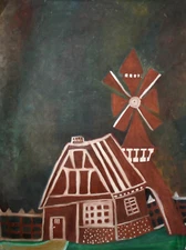 Large expressionist oil painting landscape house windmill
