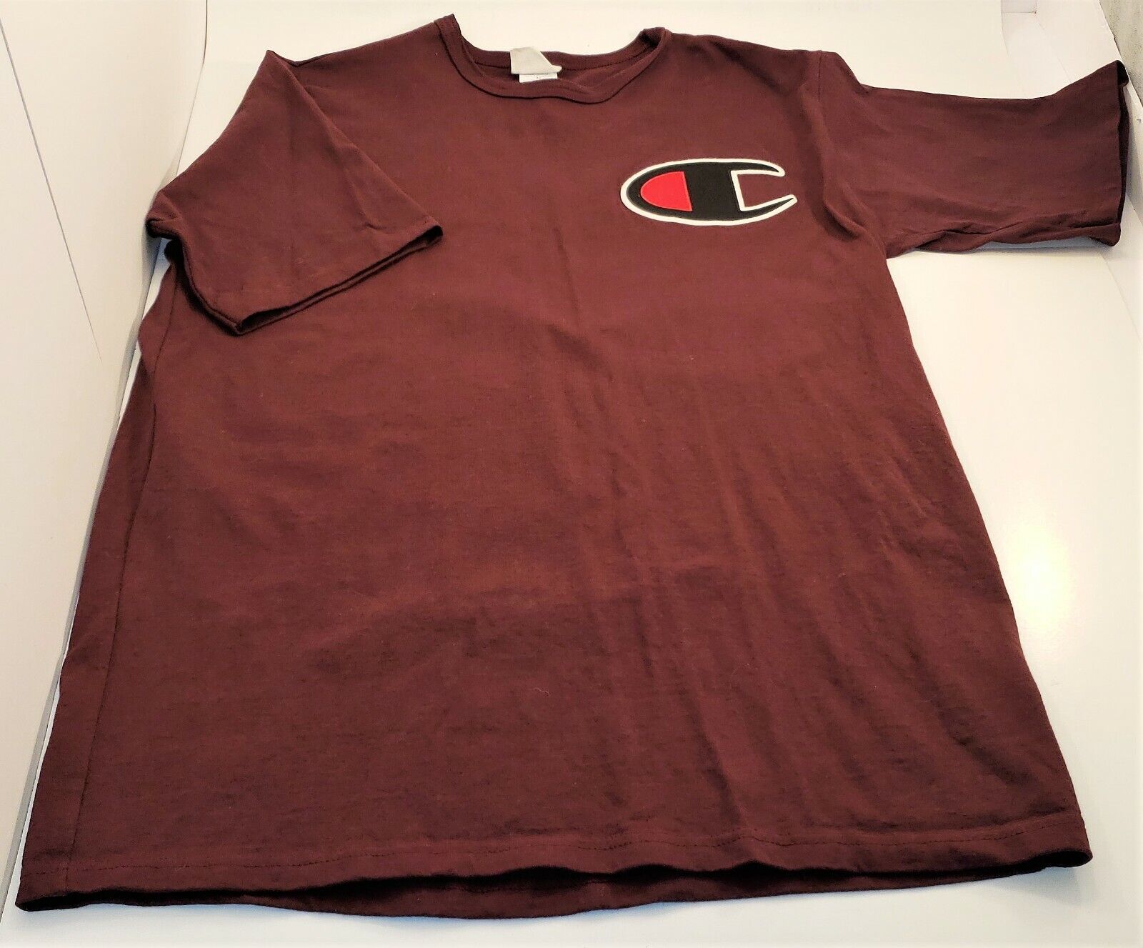 Vintage Champion 90’s Big Logo Patch Burgundy T-Shirt men's size XL