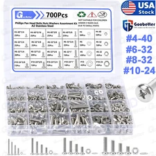 700PCS STAINLESS STEEL #4 #6 #8 #10 Phillips Pan Head Machine Screw Nuts Washers