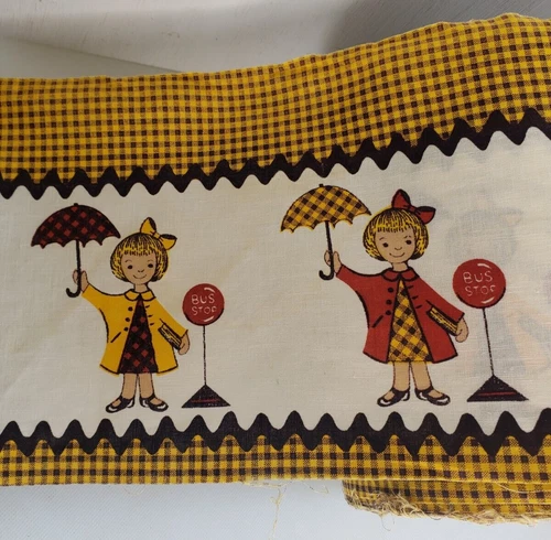 Vintage Girl At School Bus Stop 1970's Cotton Fabric 6.5" W SOLD BTY Classroom