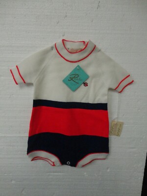 Vintage Renro Knit Sweater Romper Bodysuit Size 3 Mo? Red White & Blue Ladybugs
