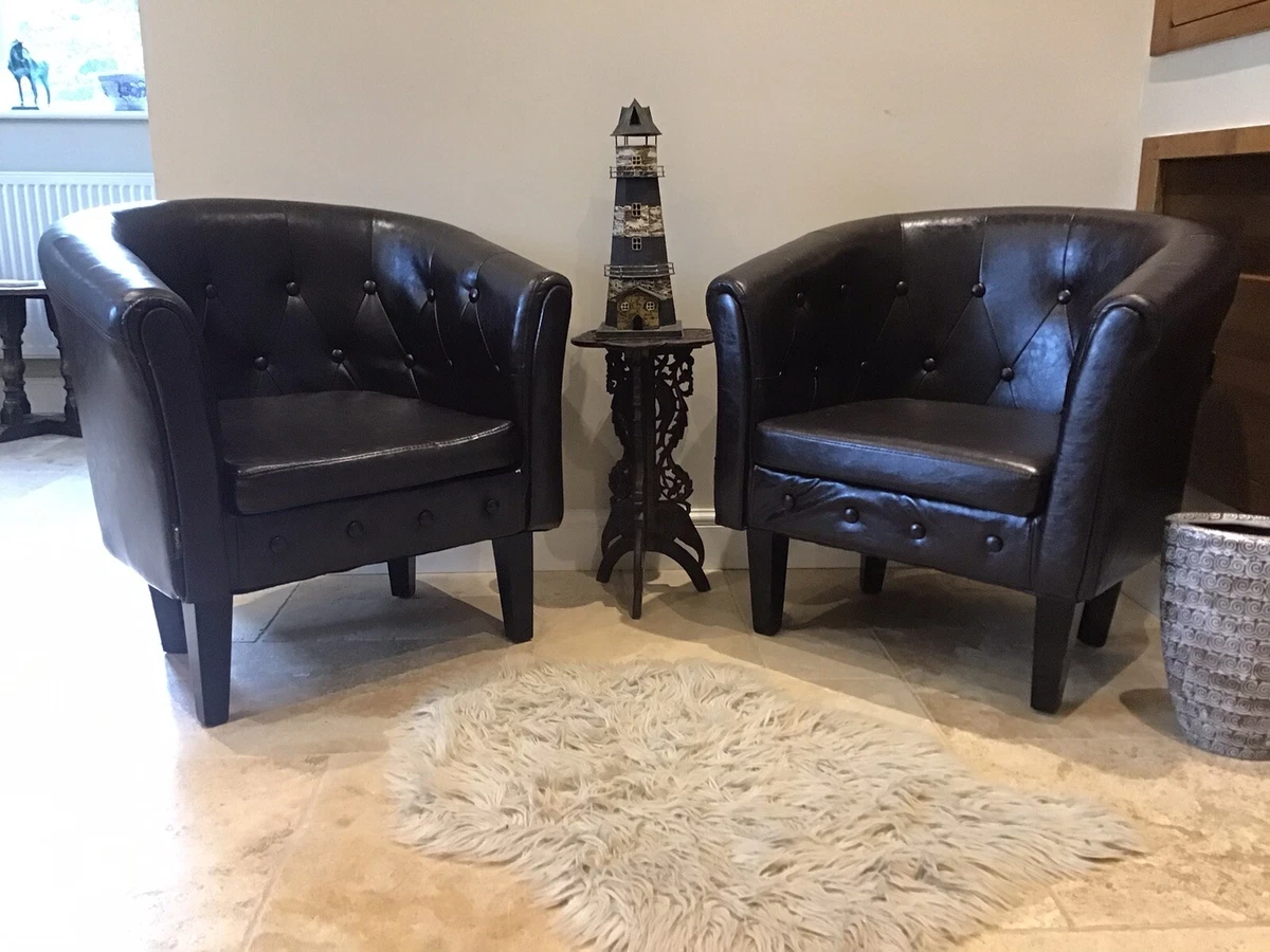 PAIR OF DOMODO FAUX LEATHER BUCKET CHAIRS very good condition