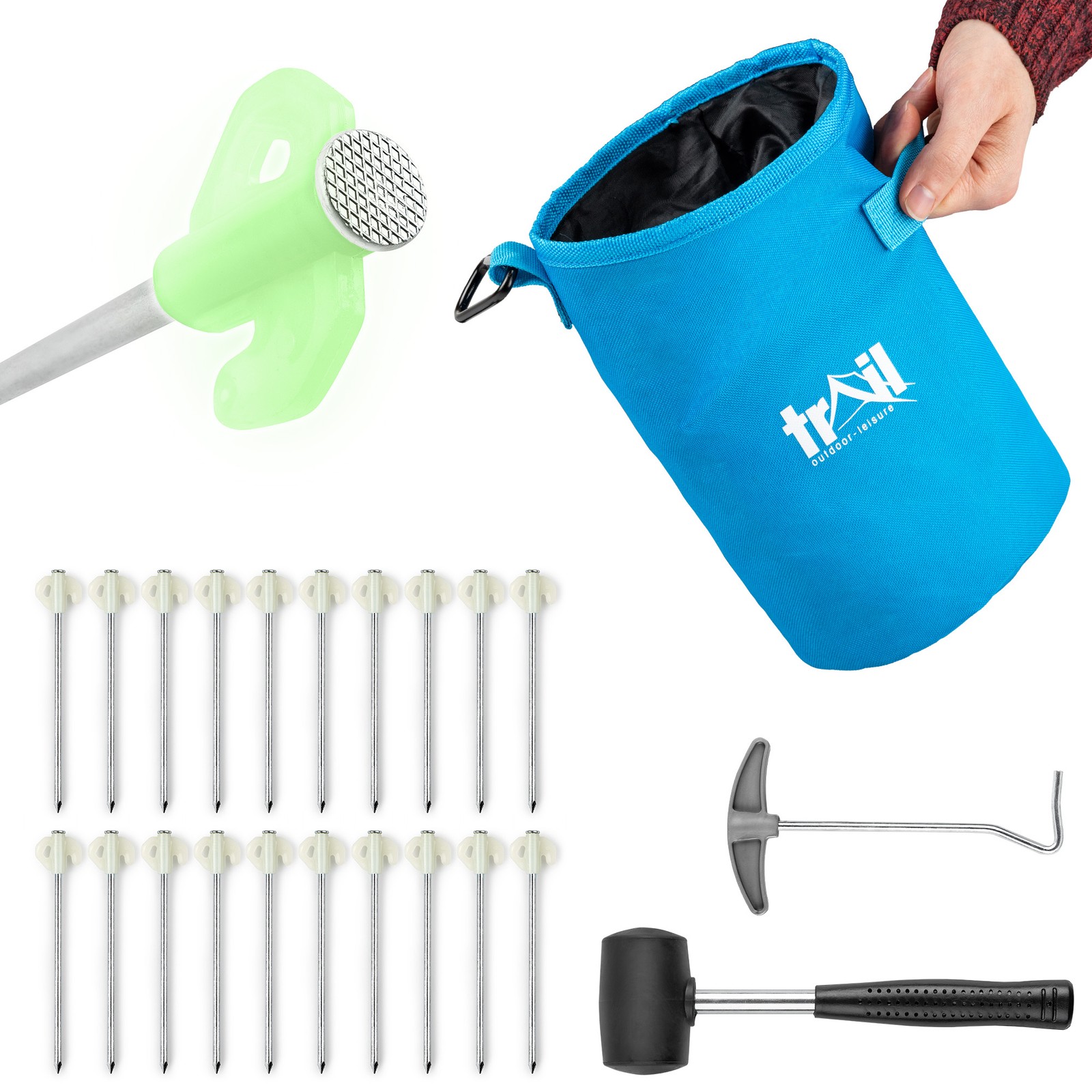 Trail 20pc Glow In Dark Tent Pegs Hard Ground with Mallet Peg Extractor and Bag