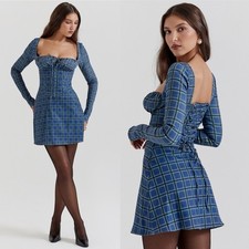 House of CB Malika Blue Tartan Corset Mini Dress Long Sleeve Plaid Womens L