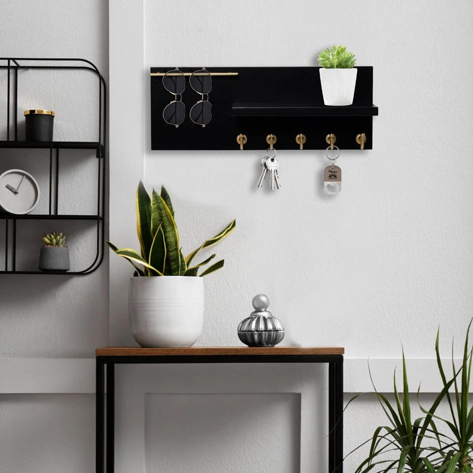 SANY DAYO HOME Porta llaves de madera real soporte de pared 16 x 6 pulgadas entrada negra... Foto 2 de 4