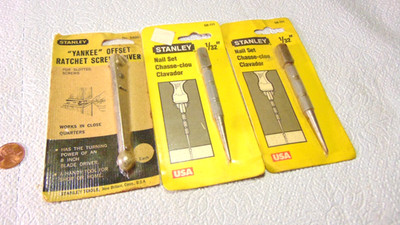 3 Vtg STANLEY Tools Offset Ratcheting Screwdriver 3400 Two Nail Sets 1/32'' USA