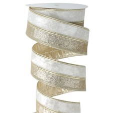 Ivory Velvet Wired Christmas Ribbon 2.5 Inch Ivory and Gold Glitter Holiday R...