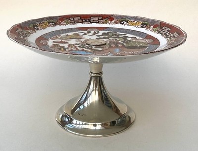 Antiker Royal Staffordshire Gaudy Willow Kuchenständer Tazza auf versilbertem Sockel