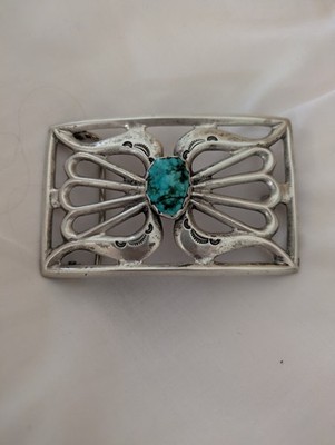Vintage Native American Navajo- sandcast belt buckle turquoise sterling