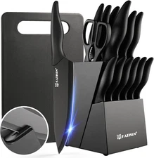 Knife Set, 15-Piece Kitchen Knife Set with Block Wooden German Stainless Steel