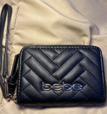 Bebe Quilted Black Faux Leather Wristlet Wallet Gold Logo Zipper Closure NWOT