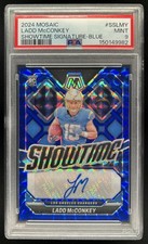 2024 Panini Mosaic Ladd McConkey Showtime Signatures RC Blue Auto #/99 PSA 9