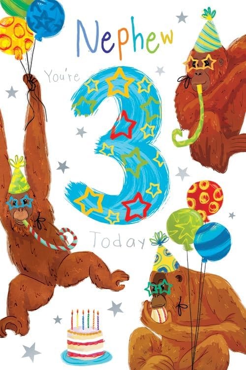 Nephew Age 3 Birthday Card. Monkey Design. 3rd Birthday. 23x15cm