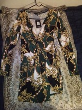 Fashion Nova Green Gold Baroque Bodycon Dress V Neck Long Sleeve Size XL