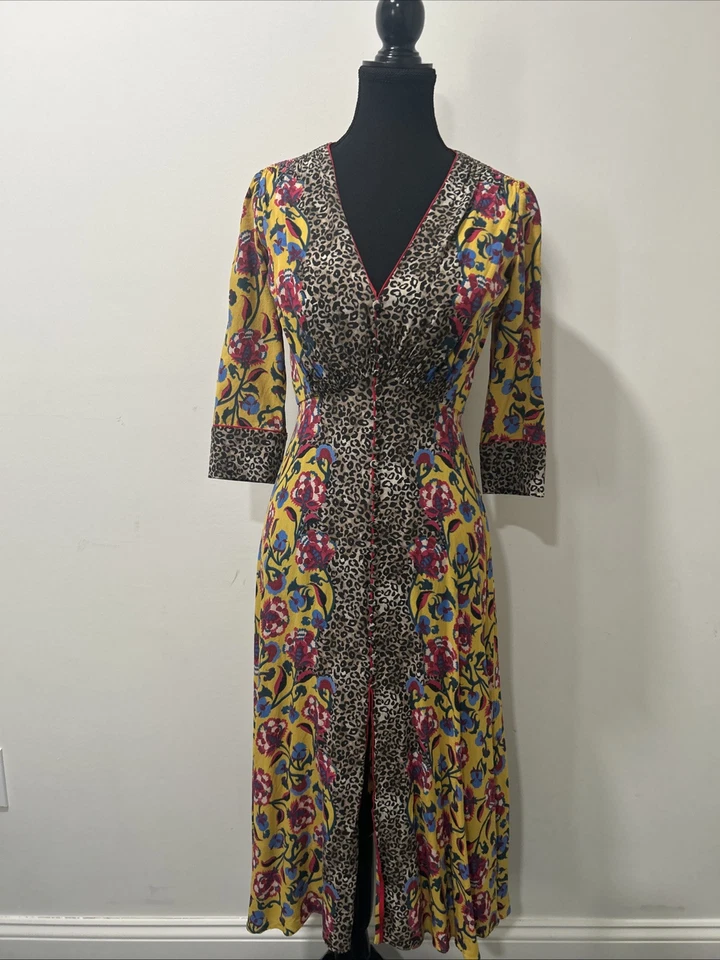 Vestido Saloni Amarillo Floral Y Leopardo EE. UU. 2 y Reino Unido 6. En excelente estado.