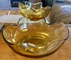 Anchor Hocking Amber Glass Chip and Dip Set Vintage Pinched Bowl with Bracket