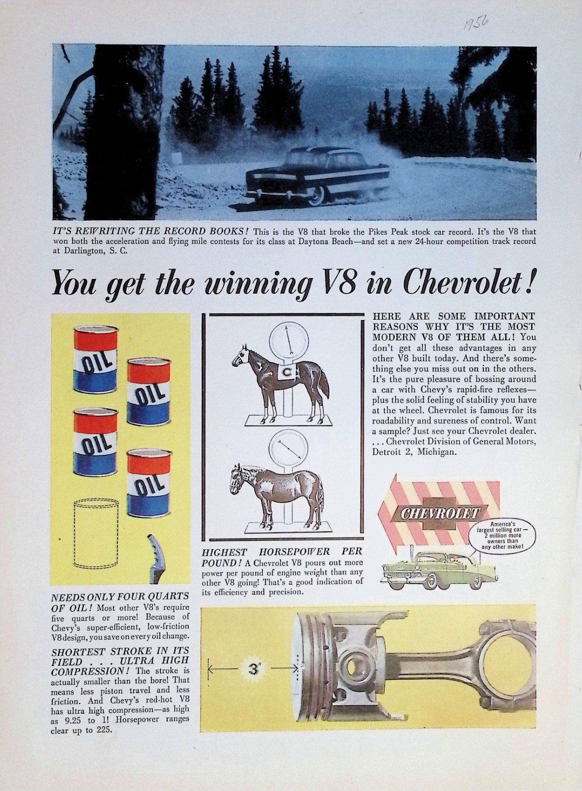 Original 1956 Chevrolet Ad: Winning V8 Horsepower Engine Piston Records Info