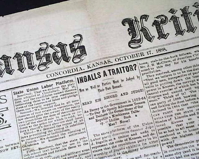 CONCORDIA KS Cloud County Kansas Smoky Hills Great Plains Region 1888 Newspaper