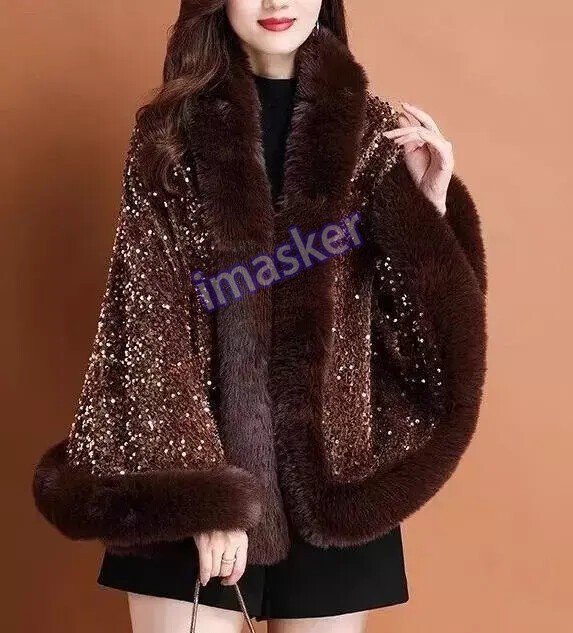 Women Winter Warm Sequin Faux Fur Cloak Loose Fashion Cape Party Outwear