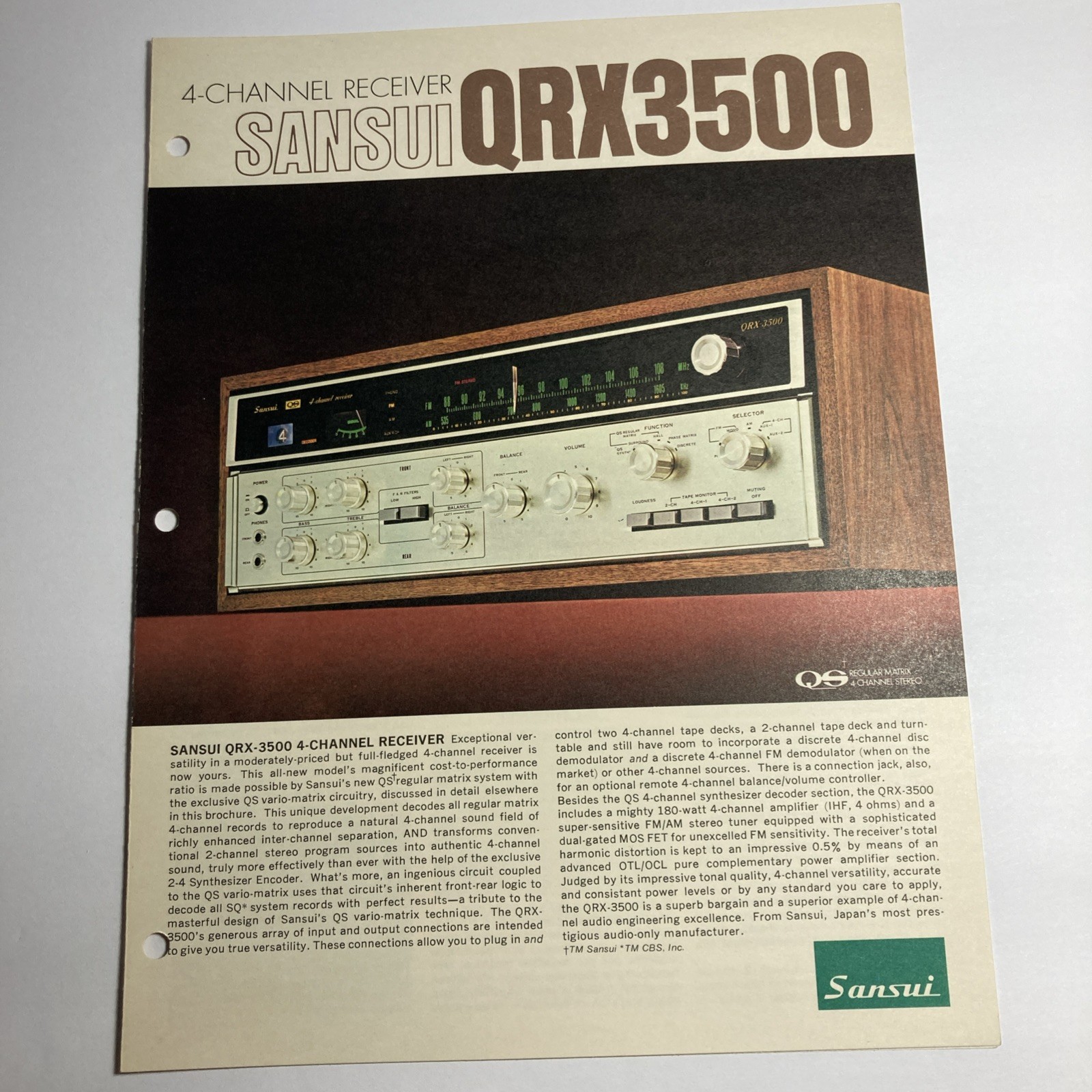 Sansui QRX3500 4-Channel Receiver Brochure. Vintage Rare Original