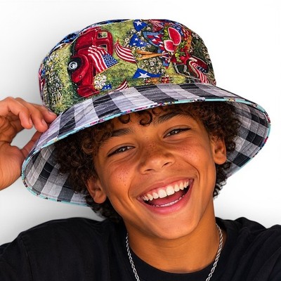Handmade Kids Reversible Bucket Hat Americana Flamingo 20in Diameter