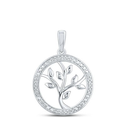 925 Sterling Silver Real Diamond Tree of Life Circle Pendant Charm 1/12 Cttw