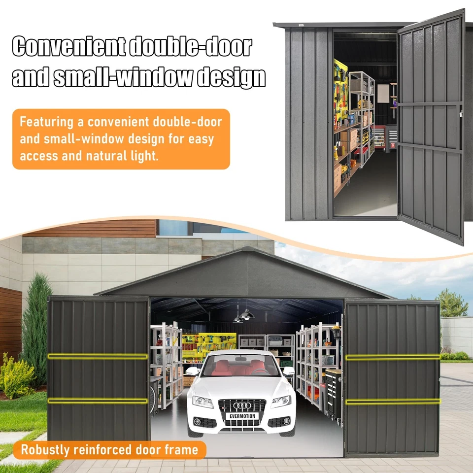 12x25 FT Outdoor Metal Garage Shed Extra Large Car Shelter w/ Lockable Door Gray - Image 3 of 4